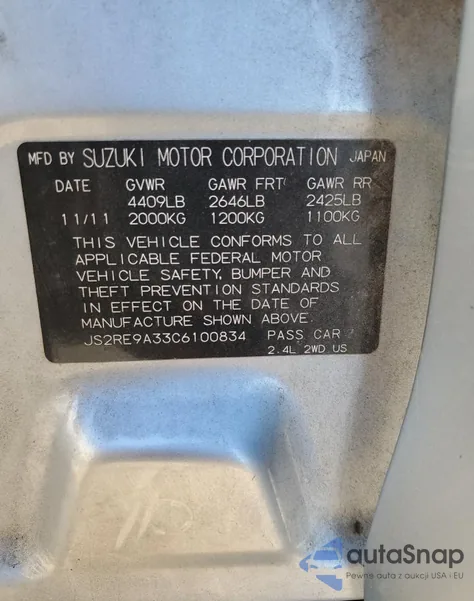 2012 Suzuki Kizashi Se z USA, uszkodzony, nr VIN JS2RE9A33C6100834